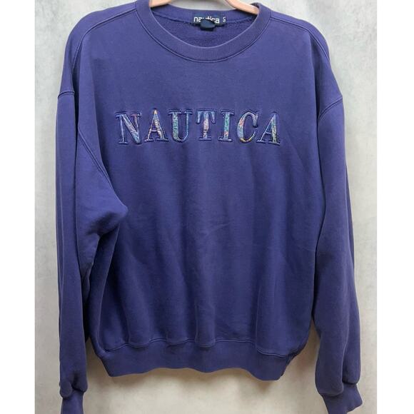 Vintage 90s Nautica Mens Sweatshirt Faded Embroidered Logo Lettering Size L - Picture 1 of 8